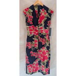 London Times Petites Navy Berry Floral Ruched Sheath Dress Size 4P NWT